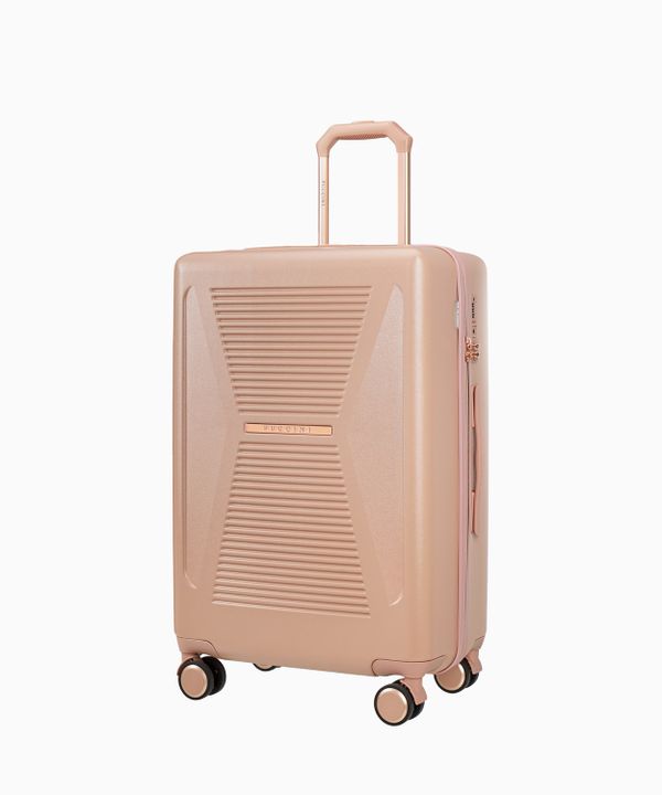 Średnia różowa walizka z elementami rose gold